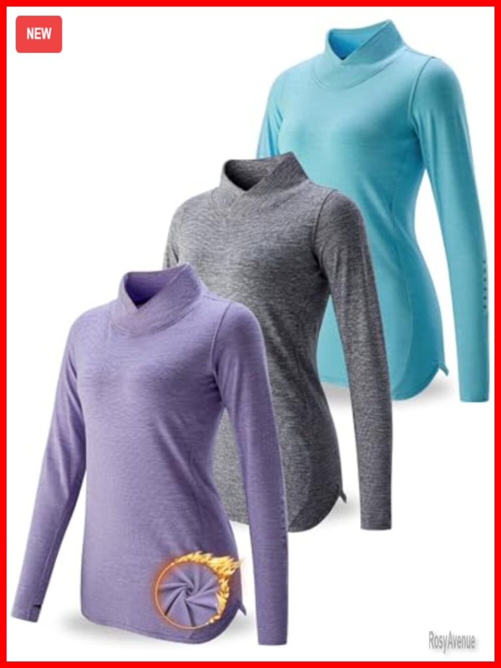 Thermal Mock Neck Long Sleeve Top 3 Pack Moisture Wicking Thumbholes